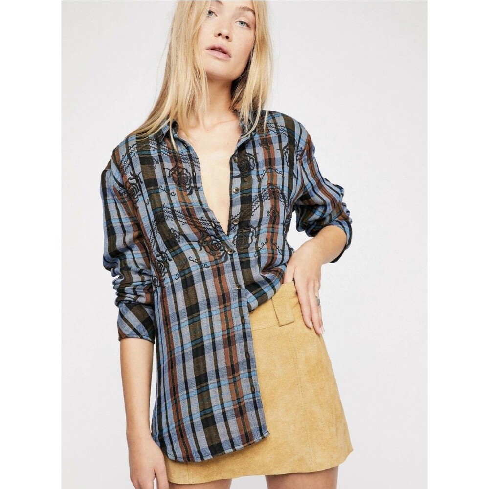 Free People Magical Plaid Embroidered Shirt Blue Size S Boho Festival Gorpcore